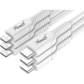 Rosewill USB-C to Lightning Cable, MFi Certified Charge & Sync Cable for Apple iPhone, iPad Pro, AirPods Charging Case | Fast Charge and Data Transfer Speed, Durably Built | White, 6 Feet, 3-Pack