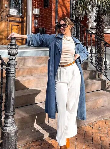 MJFCS YAENH Women's Vintage Notched Collar Double Breasted Over Knee Midi Long Denim Jacket Trench Coat with Belt in Saudi Arabia