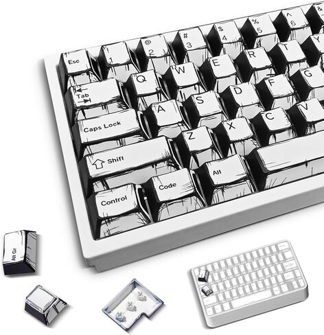 Black & White Sketch Comic Keycaps - Virgin PBT, 5-Sided Dye Sublimation, Cherry Profile, Matte Finish, Sound Optimization, Compatible with 61-108 Keys Layouts in Saudi Arabia