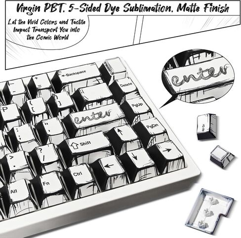 Black & White Sketch Comic Keycaps - Virgin PBT, 5-Sided Dye Sublimation, Cherry Profile, Matte Finish, Sound Optimization, Compatible with 61-108 Keys Layouts in Saudi Arabia