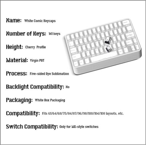 Black & White Sketch Comic Keycaps - Virgin PBT, 5-Sided Dye Sublimation, Cherry Profile, Matte Finish, Sound Optimization, Compatible with 61-108 Keys Layouts in Saudi Arabia