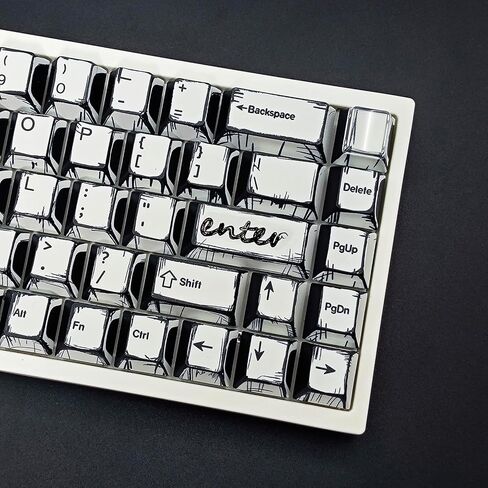 Black & White Sketch Comic Keycaps - Virgin PBT, 5-Sided Dye Sublimation, Cherry Profile, Matte Finish, Sound Optimization, Compatible with 61-108 Keys Layouts in Saudi Arabia