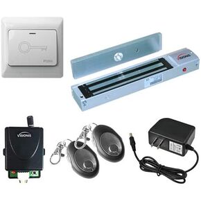 Visionis VIS-7463 One Door Access Control Outswinging Door 600lbs Electromagnetic Lock Kit with Wireless Receiver and Remote Magnetic Lock System with VIS-7030 White Push to Exit Button