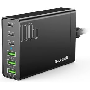 USB C Charger, Nexwell 100W GaN 6-Port Desktop USB Charging Station with 3 USB-C Ports +3 USB-A Ports, Portable PD Fast Charger for iPhone, iPad, Samsung Galaxy, 5ft Extension Cord