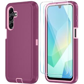 Qinmay Phone Case for Samsung Galaxy A16 5G Case with HD Screen Protector, Heavy Duty Shockproof & Dropproof 3-Layer Cover Phone Case for Galaxy A16,WineRedPink