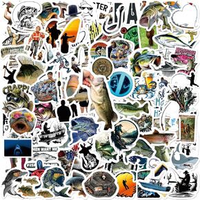 100 Pcs Funny Fishing Stickers, Fly Bass Fishing Stickers Waterproof Vinyl Gifts for Phone, Water Bottle, Luggage, Laptop, Adults Teens