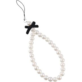 White Mobile Phone Lanyard Universal Phone Chain Black Bow White Pearl Beaded Phone Lanyard Wrist Strap Fashion Phone Case Keychain Wallet Decoration Pendant for Women Anti Lost Phone Charm Strap(ZS558)