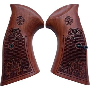 New! Grips Compatible with S&W N Frame Round Butt, Flower Engraved Padauk Wood Opened Back No Finger Groove, Brown