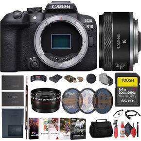 Canon EOS R10 Mirrorless Camera (5331C002) + Canon 16mm Lens (5051C002) + Sony 64GB Tough SD Card + Filter Kit + Bag + Charger + LPE17 Battery + Telephoto Lens + Card Reader + More (Renewed)