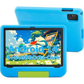 Kids Tablet, 10.1 Inch Android 14 Tablet for Kids, Octa-Core, 8(4+4)GB RAM 64GB ROM Expandable, IPS HD 1280x800, WiFi 6, 5000mah Battery, GMS, 2.0MP + 5.0 MP, Parental Control Mode (Pink EVA Case)
