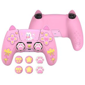 PlayVital Sweetheart Kitty Silicone Cover for ps5 Controller with 6 Joystick Caps and 6 Sticker, Soft Anti-Slip Full Protection Grip Skin Compatible with ps5 Charging Dock - Pink
