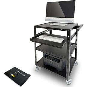 AxcessAbles Computer Cart on Wheels| Metal Utility AV Cart | 400LB Capacity 34" Height, 24" x18" Surface, Locking Wheels | Rolling Projector Cart | Steel AV Cart with Wheels | Pullout Keyboard Tray