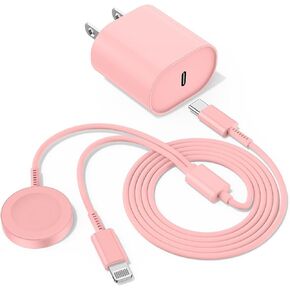 Upgraded for Apple Watch Charger, 2 in 1 USB C Magnetic iWatch Charger Cord & USB-C to L Cable 6FT with Type C Block, Fast Charging i-Watch Series Ultra/9/8/7/6/SE/5, for Phone 14/13/12 Series-Pink