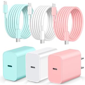 20W USB C Wall Charger,Compatible with iPhone Charger Fast Charging with 6FT Long USB C to ightning Cable,for Phone14 13 12 Pro Max 11/Pro/XR XS X,Pad AirPods,8& More(3Pack,White,Pink,Blue)