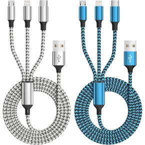 Multi Charging Cable,(2Pack 4FT) Multi Charging Cord 3 in 1 Charging Cable Nylon Braided Universal Charger Phone Charger Cord with Type-C,Micro USB,IP Port for iPhone16/15 Series/Phone&Pad-Blue+Gray