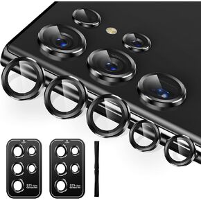 [5+5 Pack] for Samsung Galaxy S23 Ultra Camera Lens Protector 9H Tempered Glass Camera Screen Protector for S23 Ultra Accessories Aluminum Edge Lens Cover HD Clear Case Friendly 2 Sets [Black]