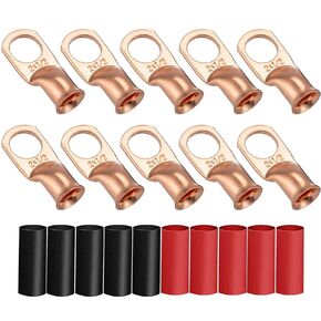 HerMia 10PCS 2 AWG - 1/2" Copper Wire Lugs, Heavy Duty Battery Cable Ends, UL Listed Battery Lugs, Tubular Ring Terminals, Battery Terminal Connectors with 3:1 Heat Shrink Tubing