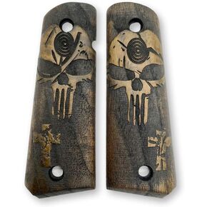 for Colt 1911 Pistol Grips, Full Size 1911 (Government/Commander) Walnut Pistol Grip Punisher 1911 Grips Handmade with Different Skull Models (Punisher & Cross)