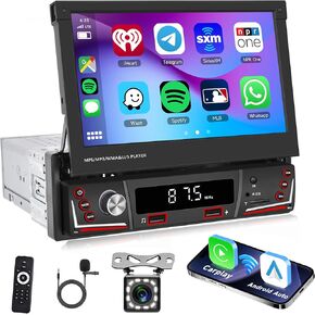 Rimoody Car Stereo Single Din Wireless Carplay Android Auto 7 Inch Touchscreen Flip Out Car Radio Bluetooth FM/AM, USB/TF/Aux, SWC, Voice Control, Backup Camera