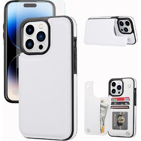 Wallet Case Compatible with iPhone 14 Pro, Slim Protective case with Card Holder,Premium PU Leather Kickstand Card Slots Case with a Screen Protective Glass -White