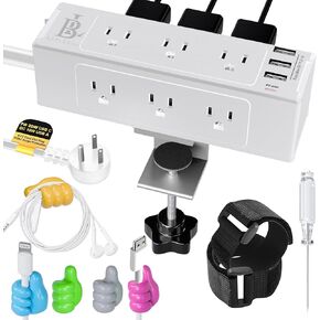 Compact mountable Surge Protector Desk clamp Power Strip Desk Outlet Station USB-C, 9 AC Plugs & 3 USB Ports, Plug in & Out Electronics, Desk Power w/Cable Holders & Hooks - White