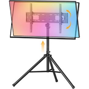 Portable Tripod TV Stand for 25 to 65, 70-inch Television with ±15°Tilt, 5 Pillar Height, Dual Safety Pins, Tall Tvstand Maxi Load 110 lbs, for Bedroom, Living Room and Outdoors, Black