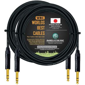 WORLDS BEST CABLES 2 Units - 30 Foot - Balanced TRS Patch Cable Custom Made Using Mogami 2549 (Black) Wire and Neutrik NP3X-B Gold TRS Stereo Plugs