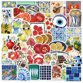 50Pcs Mediterranean Food Stickers, Cartoon Mediterranean Tomato Food Vinyl Decals for Decor Laptops, WLJIAO Aesthetic Cute Lemon Labels Sticker for Kids Teens Girls DIY Scrapbook Guitar