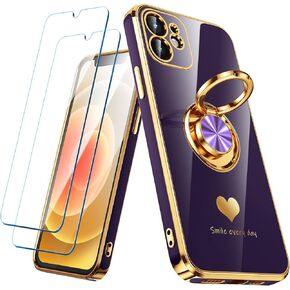 Compatible for iPhone 11 Case with 2 Pack Screen Protector, 360° Rotatable Ring Holder [Luxury Hearts Pattern] Plating Gold Edge Slim Soft Phone Cover Case for iPhone 11 - Purple