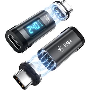 Digital Display USB C Magnetic Adapter PD 240W 24Pin(2 Pack) with Wattage Voltage Amperage LED Display, Type C Power Meter Tester Straight with USB4 40Gbps 8K 60Hz Video for iPhone 16/15, PC, Tablet