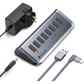 Yottamaster USB 3.0 Hub, 8 Ports Powered USB Hub (7 Data Transfer Ports+ 1 Charging Port 18W), USB Splitter with 12V/3A Power Adapter & 3.2ft Long Cable for Laptop, PC, MacBook, HDD (3.2ft)