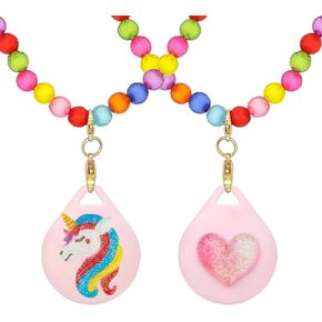 2 Pack for Airtag Necklace Holder for Kids, Cute Kawaii Beaded Necklace Case for Girls (Heart-Unicorn)
