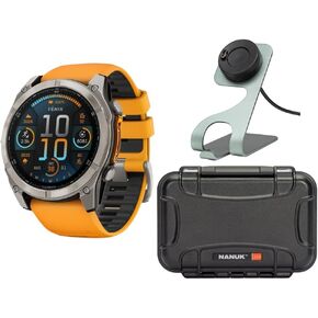 Garmin Fenix 8 Sapphire 47mm GPS Smartwatch (Spark Orange and Graphite) Bundle with Waterproof Hard Case and Portable Charger Stand (3 Items)