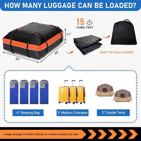 حقيبة سقف السيارة ، حقيبة حاملة شحن على سطح السيارة مقاومة للماء 15 قدم مكعب لجميع السيارات مع/بدون رف ، تشمل حصيرة مضادة للانزلاق ، وأشرطة مقواة ، وسطح أبواب 6 ، وقفل الأمتعة (15 قدمًا مكعبًا) in Kuwait