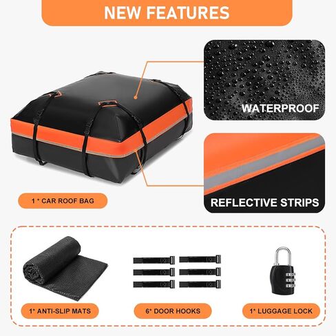 حقيبة سقف السيارة ، حقيبة حاملة شحن على سطح السيارة مقاومة للماء 15 قدم مكعب لجميع السيارات مع/بدون رف ، تشمل حصيرة مضادة للانزلاق ، وأشرطة مقواة ، وسطح أبواب 6 ، وقفل الأمتعة (15 قدمًا مكعبًا) in Kuwait