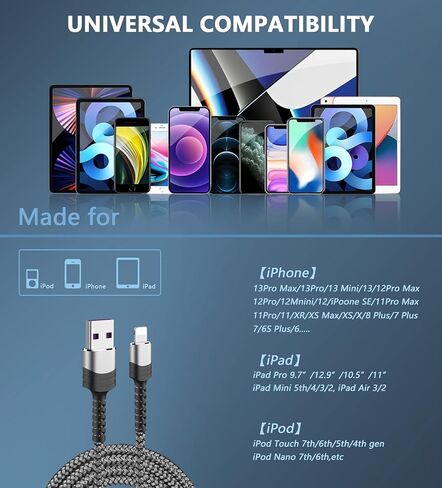 2023 كابل liightning تم ترقيته لأسلاك شاحن iPhone ، [2pack 3ft] Nylon مضفر MFI معتمد من كابل USB لـ iPhone 13 12 11 Mini Pro XR XS Max X SE 8 7 6 Plus - Gray - in Kuwait