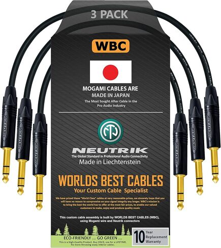 أفضل كابلات في العالم 3 وحدات - 0.5 قدم - كابل تصحيح TRS متوازن مخصص باستخدام سلك Mogami 2549 (أسود) و Neutrik NP3x -B Gold TRS STERSE in Kuwait