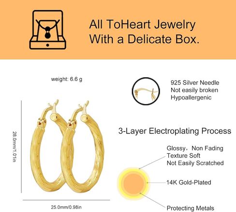 ToHeart 14k Gold Plated Twisted Hoop Earrings for Womens Lightweight Hypoallergenic Small Gold Hoop Earrings, Silver, No Gemstone in Kuwait