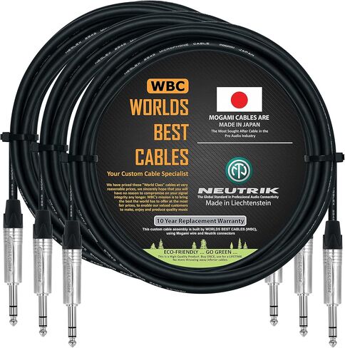 أفضل كابلات في العالمين 3 وحدات - 10 أقدام - كابل تصحيح TRS متوازن مصنوع مخصصًا باستخدام سلك Mogami 2549 (أسود) ومكافآت NP3X TRS ستيريو in Kuwait