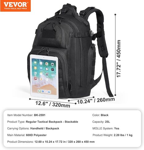 VEVOR Tactical Backpack, 25L Laptop Backpack with Molle Design and Multi Compartments, Waterproof Tactical Backpack for Men, Millitary Army Backpack Bag Day Pack for Camping, Hiking, Gym in Saudi Arabia