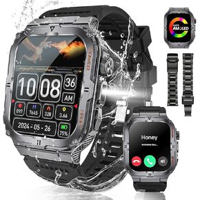 LAKEYLOYI Military Smart Watch for Men 1.96 inch AMOLED Smartwatch with LED Flashlight IP68 Waterproof Rugged Outdoor Sport Activity Fitness Tracker Black Stainless Steel Smartwatches for Android iOS