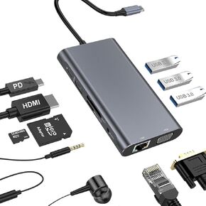 USB C HUB, USB C Adapter 10 in 1 Dongle with 4K HDMI, VGA, Type C PD, USB3.0, RJ45 Ethernet, SD/TF Card Reader, 3.5mm AUX, Docking Station Compatible with MacBook Pro/Air, Other Type C Laptops