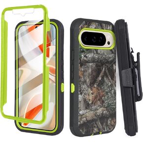 Compatible for Google Pixel 9 Pro XL 6.8 inch Screen, Built in Screen Protector, Belt Clip Holster Heavy Duty Defender Case Dustproof Shockproof Protection (Camo Yellow)