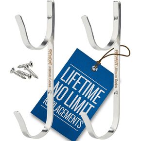 Never Rust Pool Pole Hangers - 2 ProTuff Heavy Duty Double Hooks w/Unlimited Free Replacements - Ideal Pool Fence Hooks for Pool Equipment, Brush, Vacuum Hose, Skimmer & Garden Tool Organizer