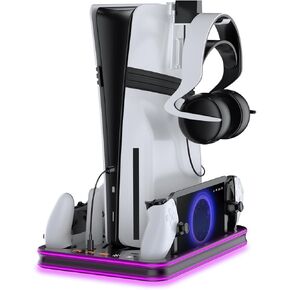 PS5 Pro / PS5 / PS5 Slim/Stand and Cooling Station with LED Controller Charging Station for PlayStation 5 Slim Disc/PS5 Pro Digital Edition Console with 3 Level Cooling Fan, BlackLighting