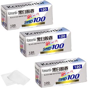SHD 100, 120 Roll Film, Black and White Print Film ISO 100 3-Pack + Microfiber Cleaning Cloth