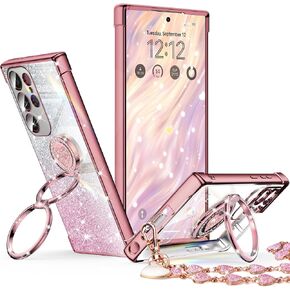xyz for Galaxy S25 Ultra Case with Stand ، for Samsung Galaxy S25 Ultra Case with Double Ring ، Women Girls Bling Gliter Luxury Clear Cover Cover Heart for Samsung S25 Ultra ، Rose Gold
