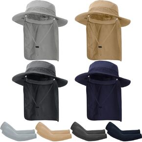 Yahenda 4 Set UV Sun Hats Arm Sleeves for Men Women UPF 50+ Wide Brim Fishing Hat with Neck Flap Cooling Sun Sleeves for Fishing Hiking Garden, Multicolor