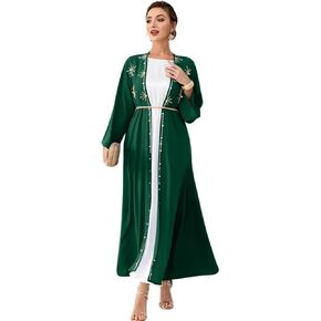 IDOPIP Muslim Abayas for Women Long Sleeve Open Front Cardigan Rhinestone Applique Islamic Dubai Maxi Kaftan Dress with Belt