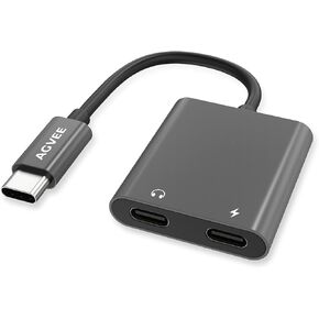 AGVEE S21 S20 Dual USB-C Headphones & Charging Adapter, Duo Type-C Audio Earbuds & PD Charger Splitter, USBC Earphone Jack Dongle for Samsung S21 S20, Note 20 10, iPad Pro, Pixel 2 3 4 5 XL, Gray